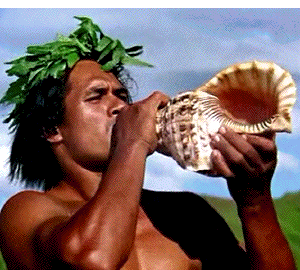 Pacific Islander blowing conch horne